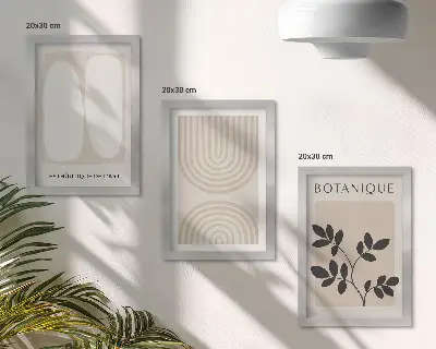 Subtilūs bohemiški plakatai su augalų motyvais 3 paveikslų rinkinys su rėmais