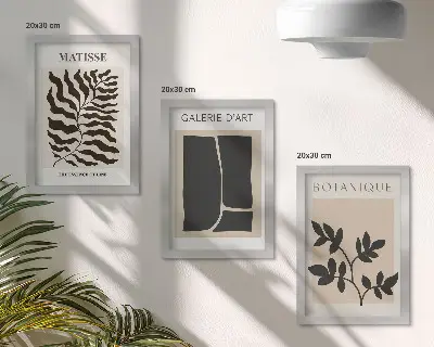 3 paveikslų rinkinys su rėmais minimalistiniai plakatai su augalų ir abstrakčiais motyvais