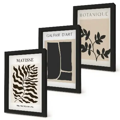 3 paveikslų rinkinys su rėmais minimalistiniai plakatai su augalų ir abstrakčiais motyvais