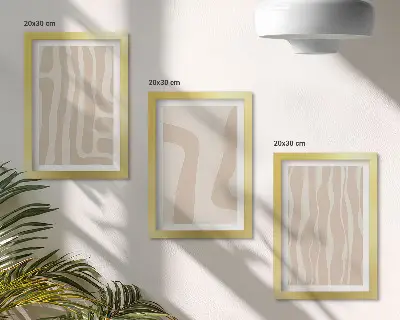 3 paveikslų rinkinys su rėmais abstrakčių raštų ir minimalistinių formų boho stiliaus