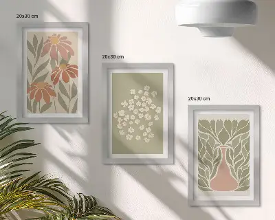 Įrėmintų paveikslų rinkinys su gėlių motyvais, minimalistiniais raštais ir boho stiliumi