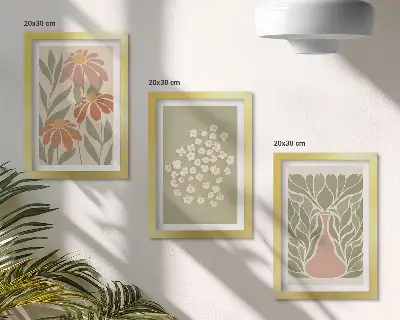 Įrėmintų paveikslų rinkinys su gėlių motyvais, minimalistiniais raštais ir boho stiliumi