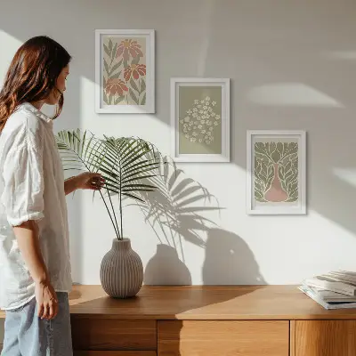 Įrėmintų paveikslų rinkinys su gėlių motyvais, minimalistiniais raštais ir boho stiliumi