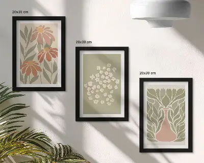 Įrėmintų paveikslų rinkinys su gėlių motyvais, minimalistiniais raštais ir boho stiliumi