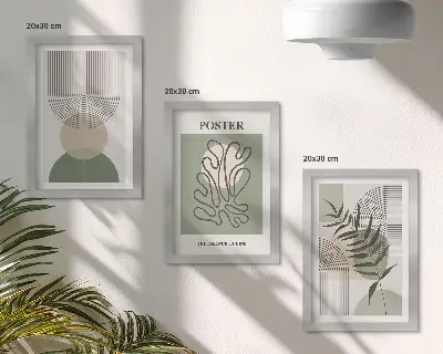 Įrėmintų paveikslų rinkinys su geometrinių abstrakčių ir botaninių raštų motyvais