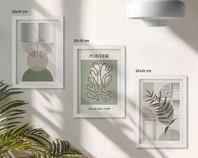 Įrėmintų paveikslų rinkinys su geometrinių abstrakčių ir botaninių raštų motyvais