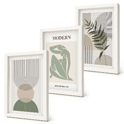 3 paveikslų rinkinys su rėmais Stilinga grafika su abstrakčiomis formomis ir augalais