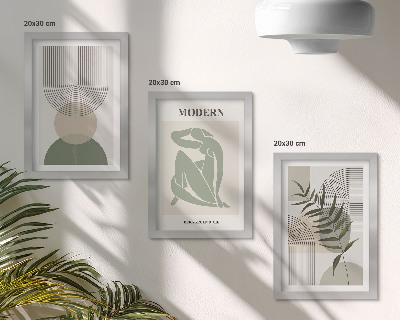 3 paveikslų rinkinys su rėmais Stilinga grafika su abstrakčiomis formomis ir augalais