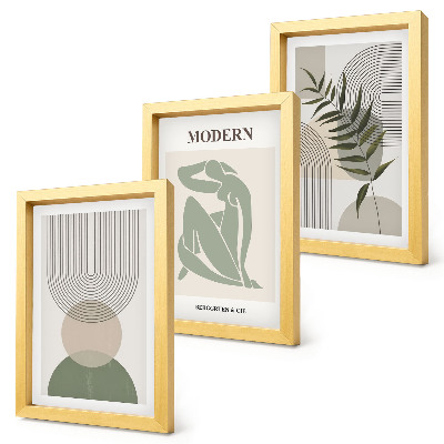 3 paveikslų rinkinys su rėmais Stilinga grafika su abstrakčiomis formomis ir augalais
