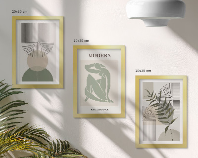 3 paveikslų rinkinys su rėmais Stilinga grafika su abstrakčiomis formomis ir augalais