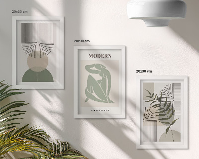 3 paveikslų rinkinys su rėmais Stilinga grafika su abstrakčiomis formomis ir augalais