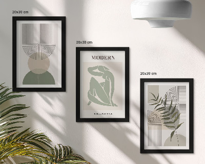 3 paveikslų rinkinys su rėmais Stilinga grafika su abstrakčiomis formomis ir augalais