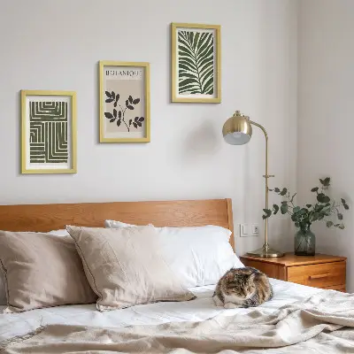 Botaninės kompozicijos boho minimalizmo stiliumi 3 paveikslų rinkinys su rėmais