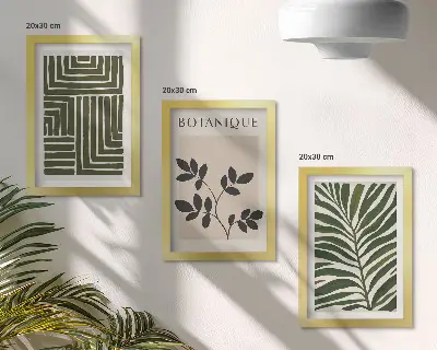 Botaninės kompozicijos boho minimalizmo stiliumi 3 paveikslų rinkinys su rėmais