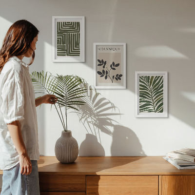 3 paveikslų rinkinys su rėmais Botaninės kompozicijos boho minimalizmo stiliumi