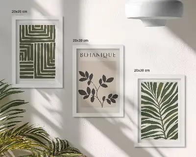 Botaninės kompozicijos boho minimalizmo stiliumi 3 paveikslų rinkinys su rėmais
