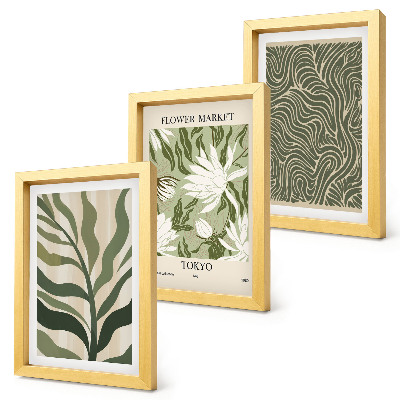 3 paveikslų rinkinys su rėmais Augalų raštai, botaninės dekoracijos, boho stilius