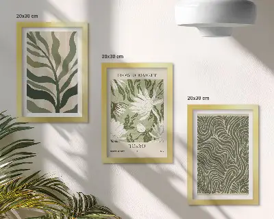 3 paveikslų rinkinys su rėmais augalų raštai ir botaninės dekoracijos boho stiliumi