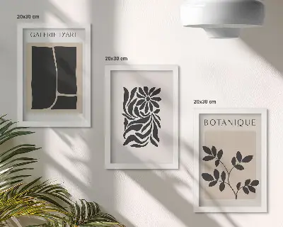 Įrėmintų paveikslų rinkinys su abstrakčiais augalų raštais ir geometrinėmis figūromis