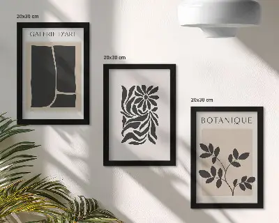 Įrėmintų paveikslų rinkinys su abstrakčiais augalų raštais ir geometrinėmis figūromis