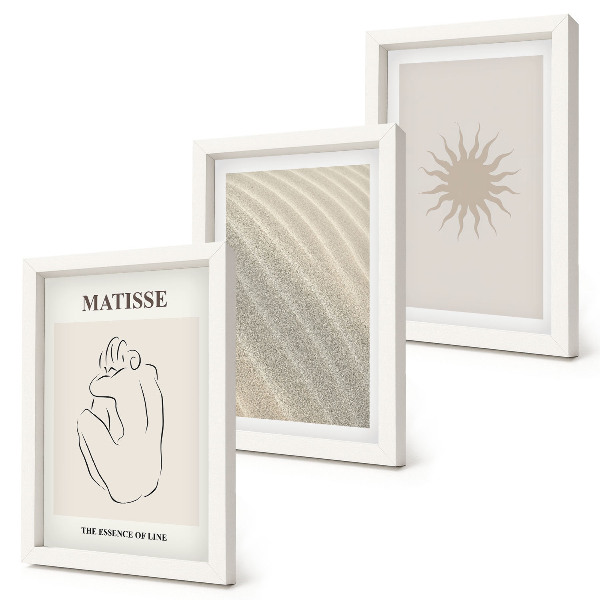 3 paveikslų rinkinys su rėmais Minimalistinės linijos, smėlis, bangos ir saulė