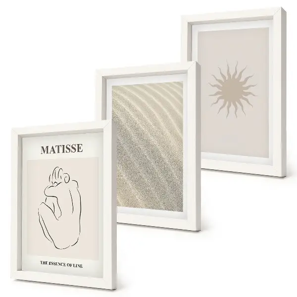 3 paveikslų rinkinys su rėmais minimalistinės linijos su smėlio, bangų ir saulės motyvais