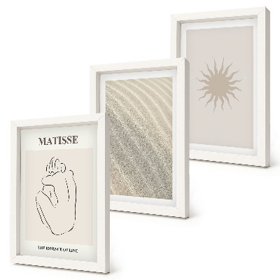 3 paveikslų rinkinys su rėmais Minimalistinės linijos, smėlis, bangos ir saulė