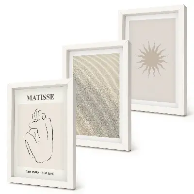 3 paveikslų rinkinys su rėmais minimalistinės linijos su smėlio, bangų ir saulės motyvais