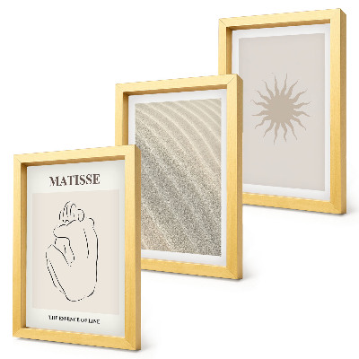 3 paveikslų rinkinys su rėmais Minimalistinės linijos, smėlis, bangos ir saulė