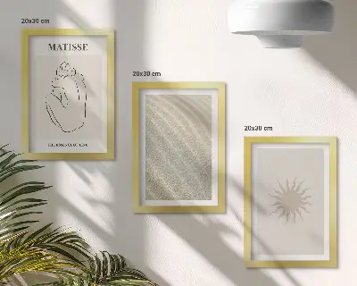 3 paveikslų rinkinys su rėmais minimalistinės linijos su smėlio, bangų ir saulės motyvais