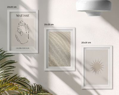 3 paveikslų rinkinys su rėmais Minimalistinės linijos, smėlis, bangos ir saulė