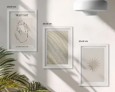 3 paveikslų rinkinys su rėmais minimalistinės linijos su smėlio, bangų ir saulės motyvais