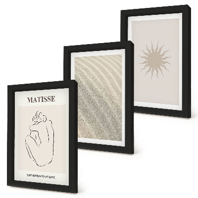 3 paveikslų rinkinys su rėmais Minimalistinės linijos, smėlis, bangos ir saulė