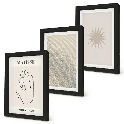 3 paveikslų rinkinys su rėmais minimalistinės linijos su smėlio, bangų ir saulės motyvais