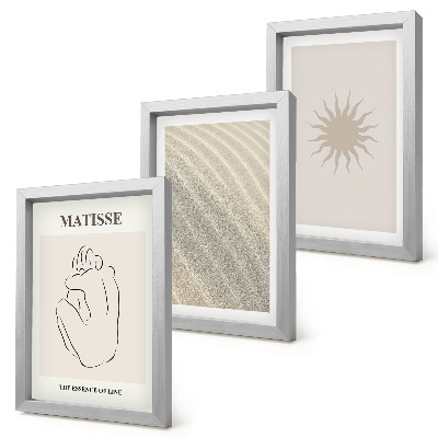 3 paveikslų rinkinys su rėmais Minimalistinės linijos, smėlis, bangos ir saulė