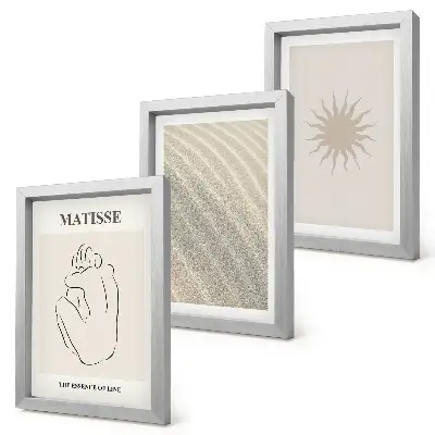 3 paveikslų rinkinys su rėmais minimalistinės linijos su smėlio, bangų ir saulės motyvais