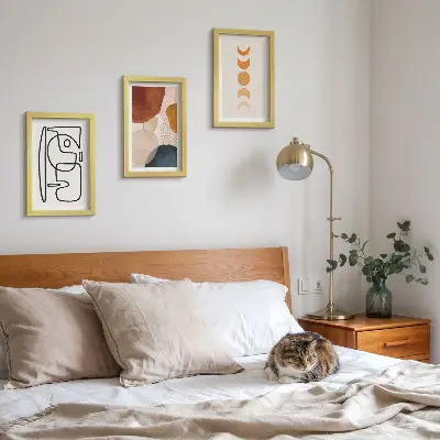 3 paveikslų rinkinys su rėmais abstrakčios formos ir spalvos madingiems namų dekoro elementams