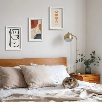 3 paveikslų rinkinys su rėmais abstrakčios formos ir spalvos madingiems namų dekoro elementams