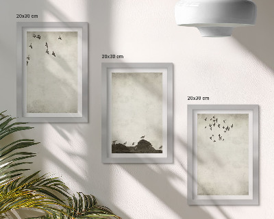 3 paveikslų rinkinys su rėmais Skraidantis paukščių pulkas minimalistiniu stiliumi