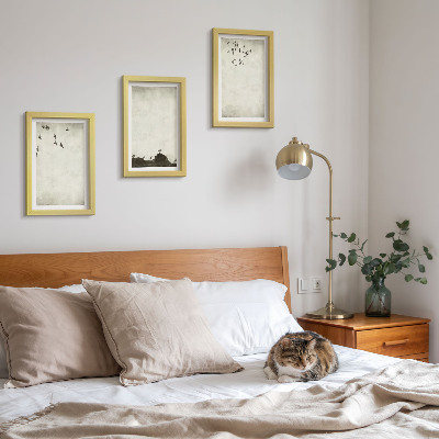 3 paveikslų rinkinys su rėmais Skraidantis paukščių pulkas minimalistiniu stiliumi
