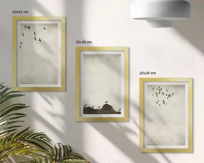 Skraidantis paukščių pulkas minimalistiniu stiliumi 3 paveikslų rinkinys su rėmais