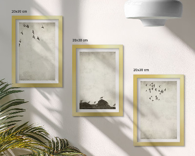 3 paveikslų rinkinys su rėmais Skraidantis paukščių pulkas minimalistiniu stiliumi