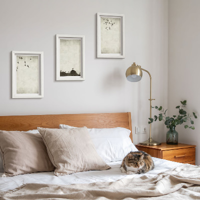 3 paveikslų rinkinys su rėmais Skraidantis paukščių pulkas minimalistiniu stiliumi