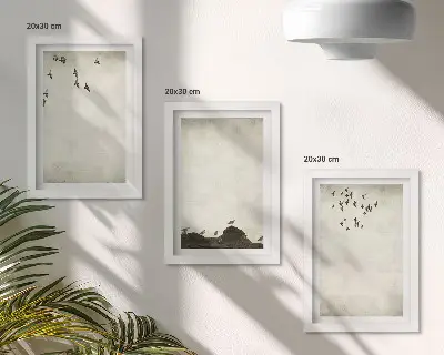 Skraidantis paukščių pulkas minimalistiniu stiliumi 3 paveikslų rinkinys su rėmais