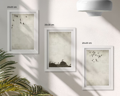 3 paveikslų rinkinys su rėmais Skraidantis paukščių pulkas minimalistiniu stiliumi