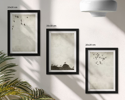 3 paveikslų rinkinys su rėmais Skraidantis paukščių pulkas minimalistiniu stiliumi