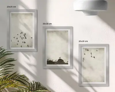 Įrėmintų paveikslų rinkinys skrendantys paukščiai minimalistiniu stiliumi