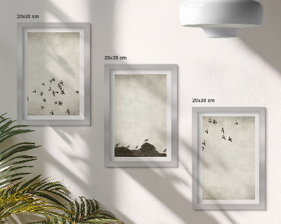 Įrėmintų paveikslų rinkinys Skrendantys paukščiai nutapyti minimalistiniu stiliumi