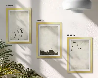 Įrėmintų paveikslų rinkinys skrendantys paukščiai minimalistiniu stiliumi