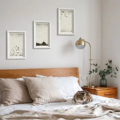 Įrėmintų paveikslų rinkinys skrendantys paukščiai minimalistiniu stiliumi